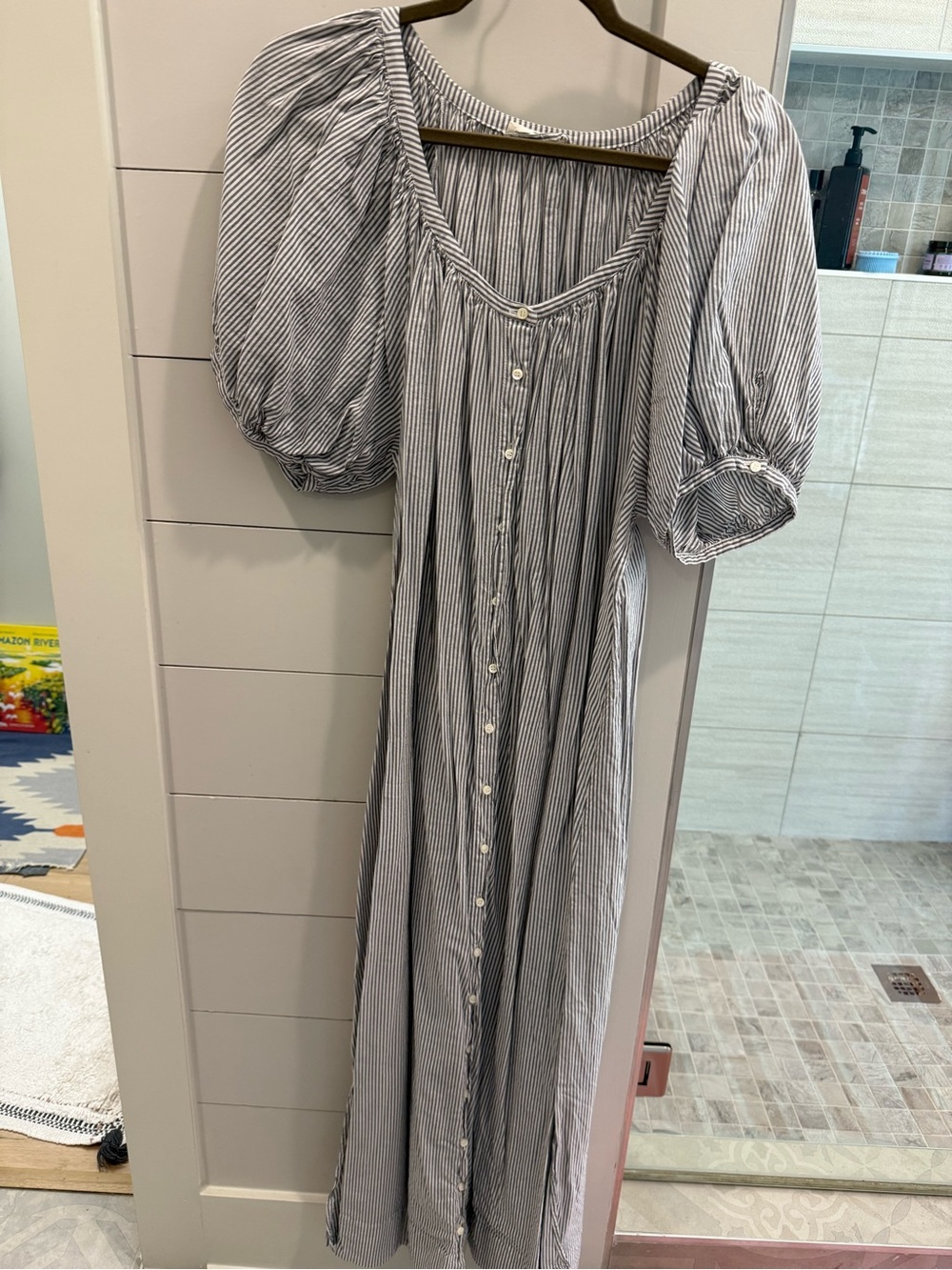 EUC Doen Navy and White Striped Puff-Sleeve Maxi Dress